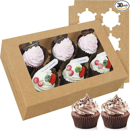 30-Set Cupcake Boxes Bulk with Clear Display Window Hold 6 Standard Cupcakes, Disposable Food Grade Brown Cupcake Carrier Cupcake Container, Perfect for Cupcakes Muffins Cookies Pastries