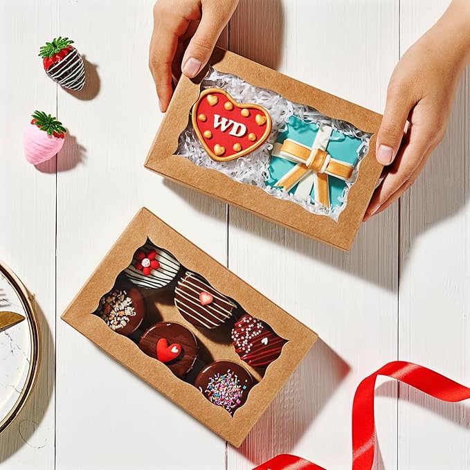 20PCS 7x4.3x1.5 Inch Brown Cookie Boxes with Window Bakery Boxes for Chocolate Truffle, Orec,Pastry Dount, Browine Soap &Treat Boxes for Party Favors Wedding Christmas Valentine's
