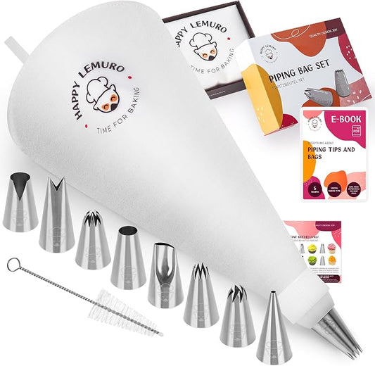 Professional Baking Piping Bags and Tips Set - Cotton Reusable Piping Bag 14" with 8 Stainless Steel Large Pastry Tips for Cake Decorating - Cupcake Kit with Icing Bag and Nozzles