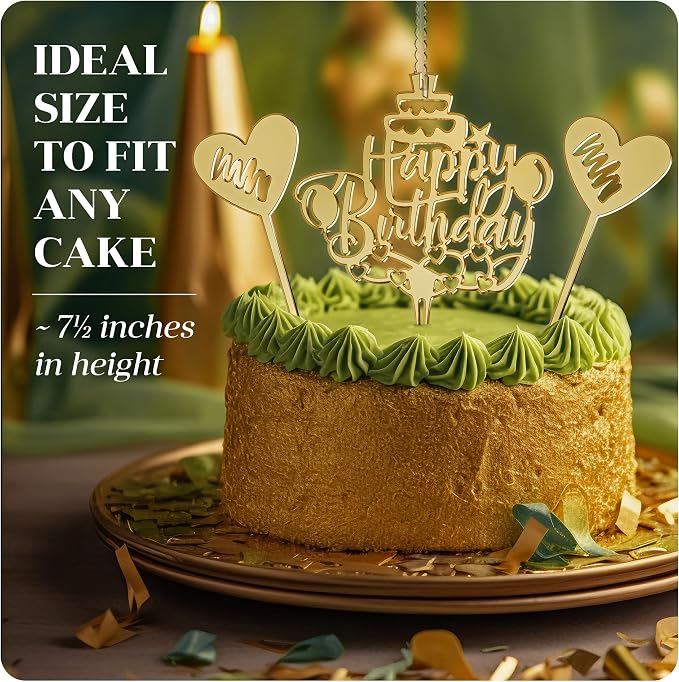 Happy Birthday Cake Candle Topper for Birthday Party Decorations, Acrylic Golden, 2 Hearts
