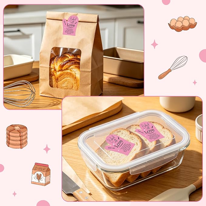 PANTIDE 500 Count Baked with Love Cottage Food Law Labels Stickers (Pink) | Adhesive Oven Mitt Shaped Decal Roll, Made in A Home Kitchen, Inspection Statement Thermal Printed, for Baked Food Packaging