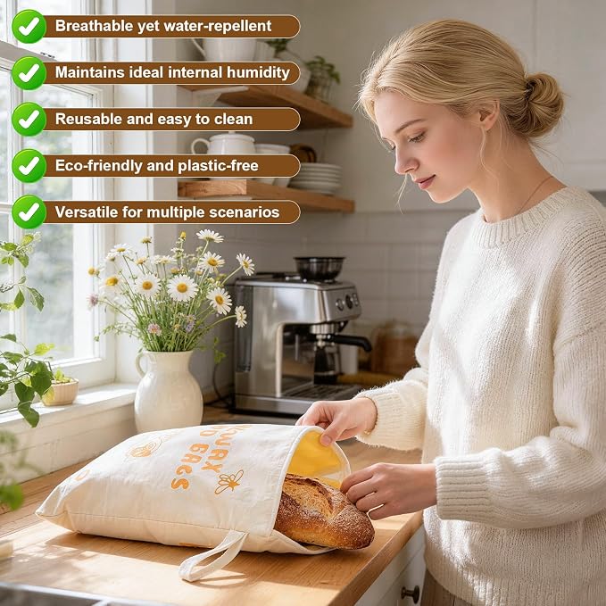 2 Pack Beeswax Bread Bags for Sourdough, Reusable Bread Bag with Wide Zipper, 16×12 Inch Large Capacity Cotton Bread Storage Bags for Homemade Bread Freezer-Friendly & Freshness Preservation
