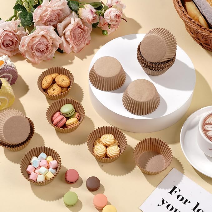 200PCS Natural Cupcake Liners Brown Paper Baking Cups Standard Size Muffin Cupcake Wrappers Nuts Serving Containers for Rustic Wedding Bridal Shower Graduation Xmas Birthday Party Cake Decor