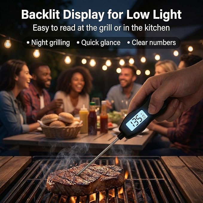 Meat Thermometer Digital Instant Read, Waterproof for Cooking & BBQ (Black) | Backlit food thermometer with 5.3” probe for steak, turkey, oil, candy, liquids, sourdough & baking
