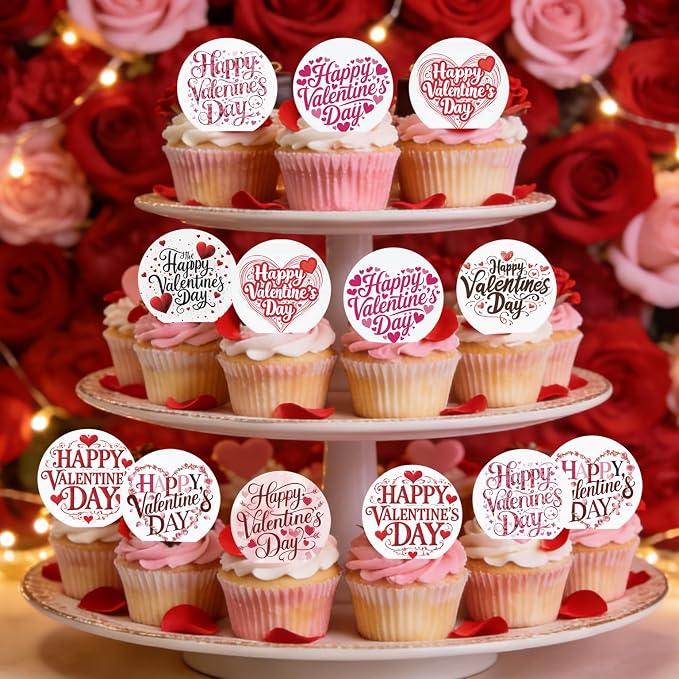 36PCS Edible Happy Valentine’s Day Cupcake Toppers Wafer Paper Sweet Love Be Mine Kiss Me Cupcake Picks Valentine’s Cake Decor for Valentine's Day Theme Wedding Party Supplies