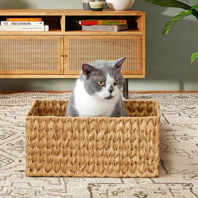 JS HANGER Large Woven Rattan Storage Basket with Handle for Organizing Waterproof Plastic Wicker Basket for Bathroom, Living Room 16.53’’ x 12.8’’ x 7.5’’ Natural