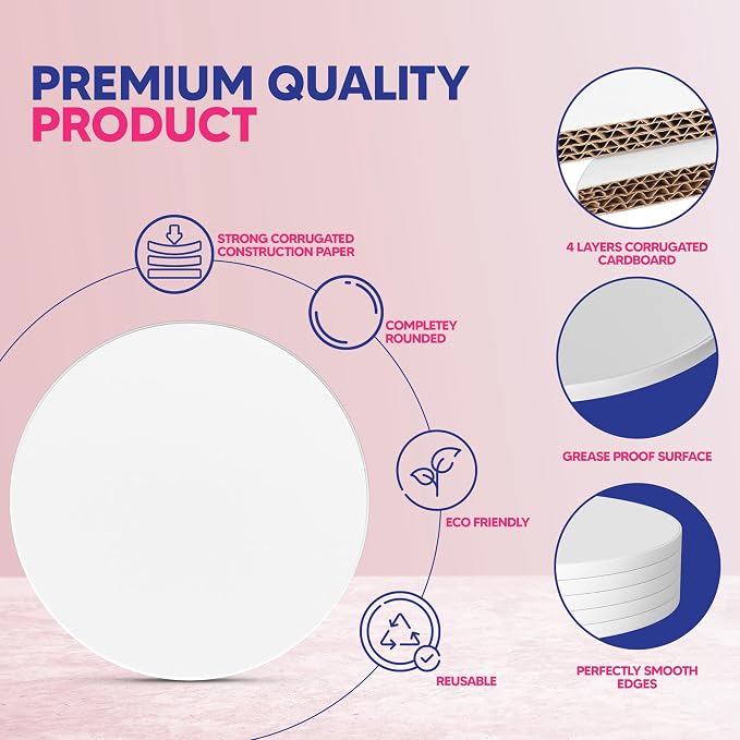 RICCLE Cake Boards - 12 Inch Cake Drum - Smooth-Edged Pack of 6 Cake Drums - Sturdy Cake Boards Round - Bend Resistant Multi-Layered Cake Base for Minimalist Displays