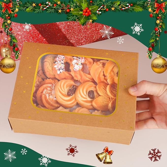 YEKTFS 24 Pcs Gold Star Cookie Boxes,Treat Boxes for Dessert 8.25" x 6" x 2.75" with Window, Bakery Brown Pastry Dessert Boxes for Chocolate Strawberries Muffins Donuts and Party Favor