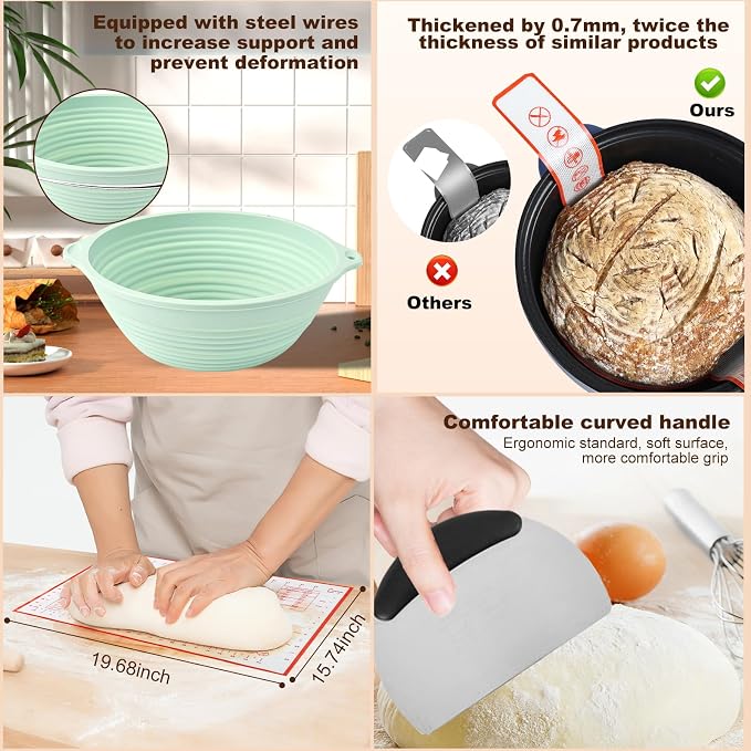 Sourdough Bread Baking Supplies, Banneton Bread Proofing Basket, 10 Inch Oval & Round Bread Baskets with Liners & Covers, Sourdough Starter Kit