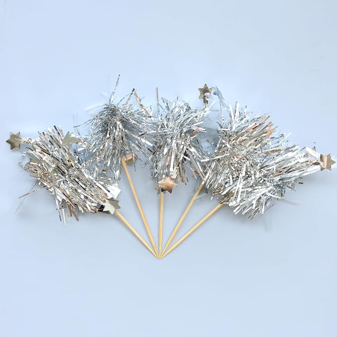 Gyufise 30Pcs Foil Firework Cupcake Toppers Sparkle Tinsel Star Cake Toppers Tinsel Drink Cake Decoration Cocktail Picks for Birthday Wedding Graduation Party Supplies Silver