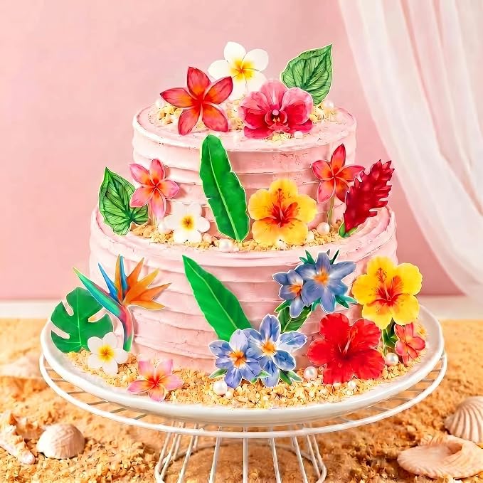 70pcs Edible Flowers Cake Decorations Tropical Hibiscus Flower & Leaf Wafer Paper Cake & Cupcake Toppers for Hawaiian Theme Birthday Party Decorating