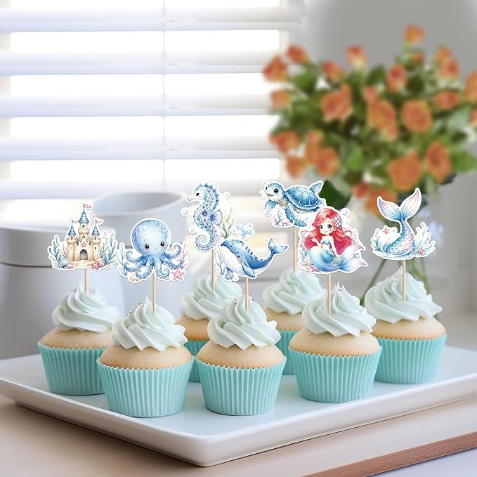 36 PCS Ocean Animal Cupcake Toppers Turtles Octopus Seahorse Seashell Mermaid Cupcake Picks Under the Sea Baby Shower Decorations for Under the Sea Theme Baby Shower Birthday Cake Decorations Supplies