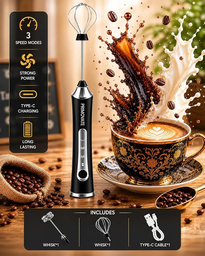 Rechargeable Milk Frother Handheld, Electric Coffee Frother with 2 Whisk, 3-Speed Powerful Drink Mixer, USB-C, Milk Foamer for Coffee,Latte,Cappuccino,Matcha & HotChocolate(Black no Stand)