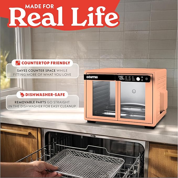 Gourmia French Door Air Fryer Oven - 37 Qt Large Capacity Convection Toaster Oven, FryForce 360°, Digital Display, 12 Cooking Presets, Dehydrate, Fits 13” Pizza, Dishwasher-Safe, Peach