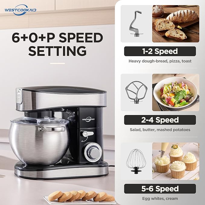 3-IN-1 Electric Stand Mixer, 6.3QT Bowl 6-Speed with Pulse Kitchen Mixer, 400W Household Food Mixers include Dough Hook, Beater and Whisk, Bread Cake Mixer for Baking and Most Home Cooks, Black