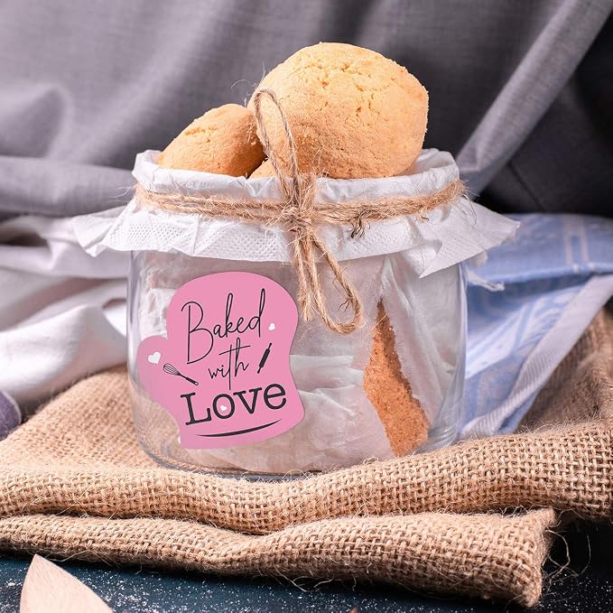 easykart labels 300 Baked with Love Stickers in Sheets, Pink Color in Hand Gloves Die Cut Design | 2" x 2" Inch Size Highly Recommended for All Bakeries and Baked Products ..