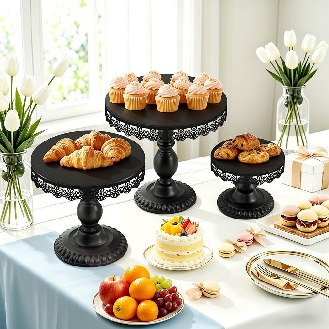 3 PCS Black Cake Stands (8"&10"&12" Plate), Cupcake Stand with a lace Hollow Border Metal Cake Stand Set for Birthday Party, Wedding, Anniversary, Baby Shower