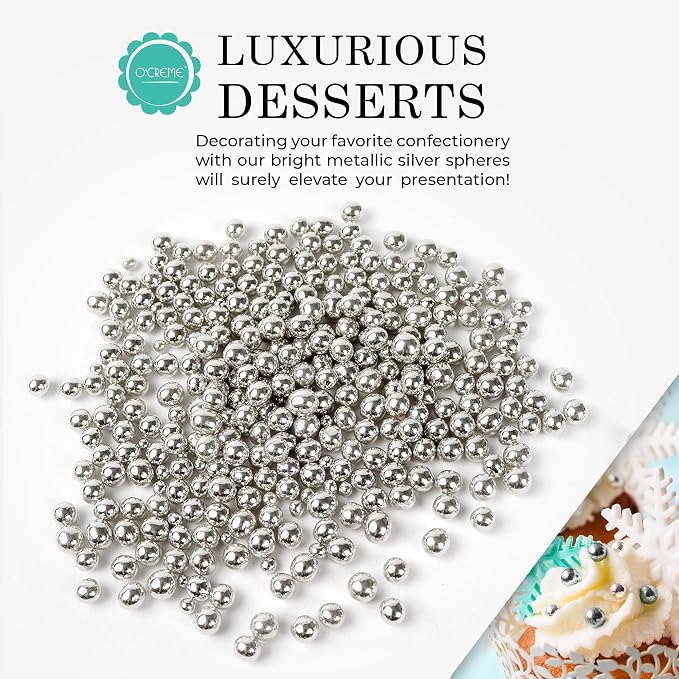 O'Creme Silver Dragees Cake Decorating Supplies for Bakers: Cookie, Cupcake & Icing Toppings, Bright Metallic Sphere Sprinkles Decoration, Certified, Decorating Sugar Ball Accents - 8mm, 8 Oz