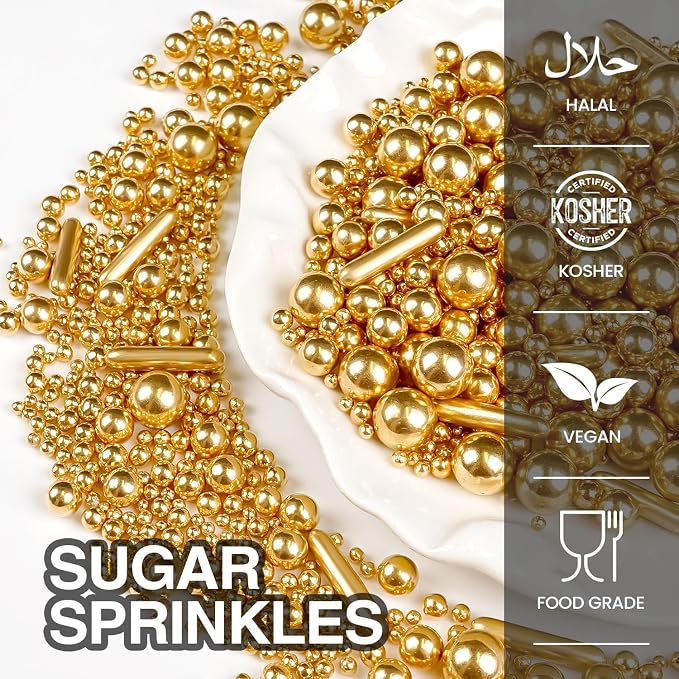 Gold Pearl Rods Sprinkles for Cake Decorating, 150g/5.29oz Mix Size, Golden Sugar Sprinkles, Pearl Cake Decoration, Metallic Rod Sprinkles, Cupcake Cookies Topper, Party Wedding Birthday Supplies