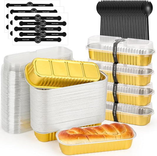 selizo 60 Pack 6.8oz Mini Loaf Baking Cake Pans with Lids, Rectangle Disposable Aluminum Foil Loaf Baking Pans, Small Baking Cake Tins Cup Cake Containers for Individual Cakes (Gold)