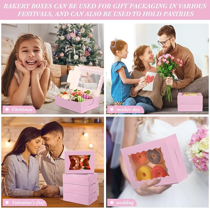 TaoBary 100 Pcs 8 Inch Bakery Boxes 8 x 6 x 2.5 Inch Cookie Pastry Boxes with 2 Style Window for Cookie Treat Chocolate Strawberries Cupcakes Candy Muffins(Pink)