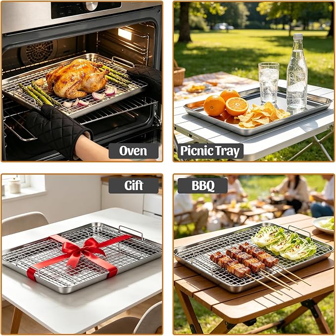 15.9" Large Stainless Steel Baking Sheet with Rack & Glove, Nonstick Baking Pans,Cookie Pan- Heavy Duty, Dishwasher Safe, Easy Clean(1 PC)