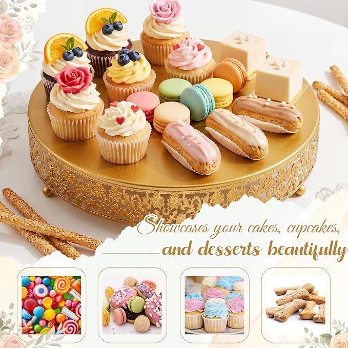 Wenqik 20 Inch Gold Cake Stand Set Metal Round Cupcake Dessert Stand with Cake Cutting, Flower Spatula Wedding Cupcake Pastry Display Candy Holder Display for Wedding Party Birthday Baby Shower