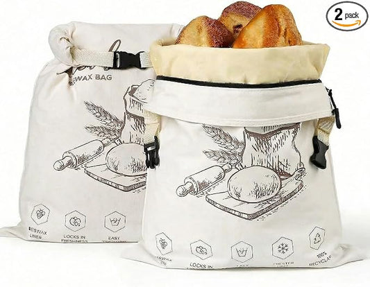 2-Pack Extra Large Beeswax Bread Bags with Zipper Seal – Reusable Bread Storage Bags, Eco-Friendly Natural Beeswax Lining, to Keep Homemade Bread Fresh for Sourdough & Artisan Loaves (White) | with Zipper