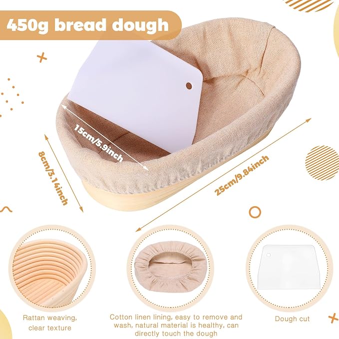 4 Pieces Oval Bread Banneton Proofing Basket 10 Inch Rattan Sourdough Bread Baskets Banneton Dough Proofing Bowls with Liners and Scatters for Home Sourdough Baking(Oval)