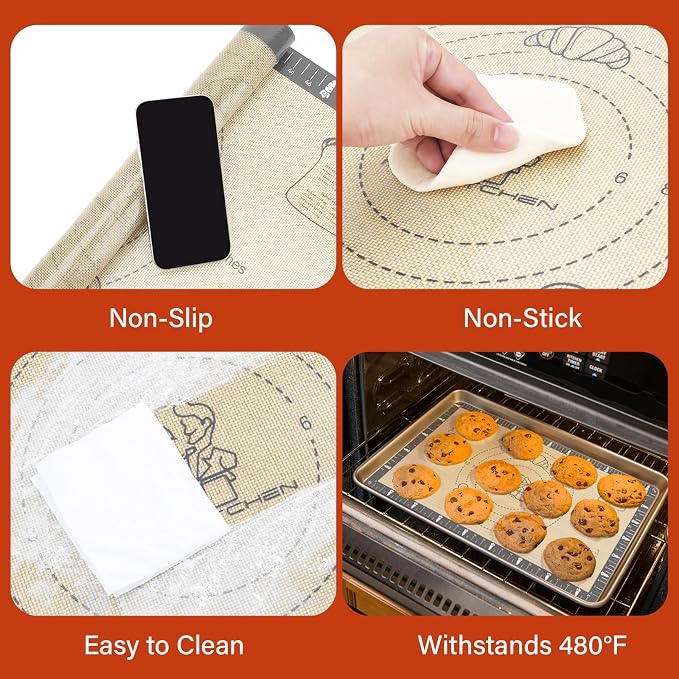 Silicone Baking Mat with Cookie Recipes, Extra Thick Silicone Mat for Baking Macaron, Bread, Pizza, Non Stick Pastry Mat for Dough Rolling Out, Heat Resistant to 480°F for Baker