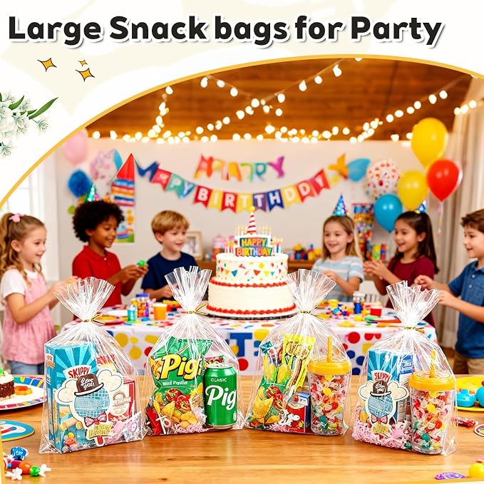 PigPotParty Cellophane Bags 10x14 Inch, 100 Pack Clear Plastic Gift Bags with Bottom Gusset for Stand-Up Display, Medium Cello Wrap for Large Goodies, Treats, Party Favors, Mugs, Includes 100 Ties
