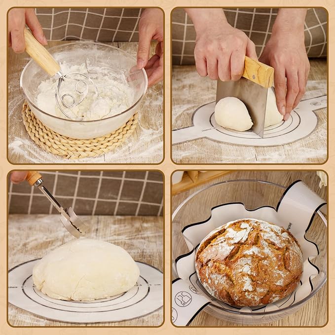 Sourdough Starter Kit 10" Round Banneton Bread Proofing Basket | Sourdough Bread Baking Supplies - Starter Jars, Bread Sling, Scoring Lame, Dough Whisk & Scrapers,Sour Dough Kits for Bakers