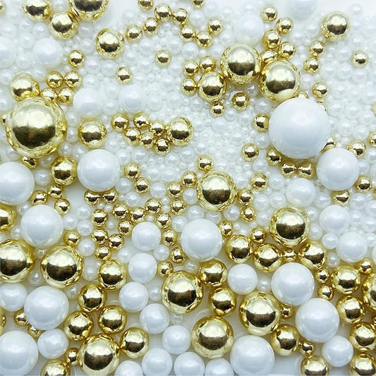 SE Si&Moos Gold and White Pearl Sprinkles for Cake Decorating White Edible Pearl Cake Decorations Gold Sprinkles for Cake, Baby Shower Party Holiday Halloween Christmas Supplies 3.5 OZ