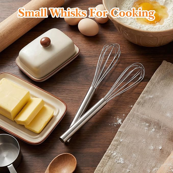 2PCS Small Wire Whisk, Stainless Steel 10in Wire Whisk for Cooking, Easy-to-Clean Small Espresso Whisks for Whisking, Beating, Blending Eggs and Sauces, Cooking, Dishwasher Cleanable