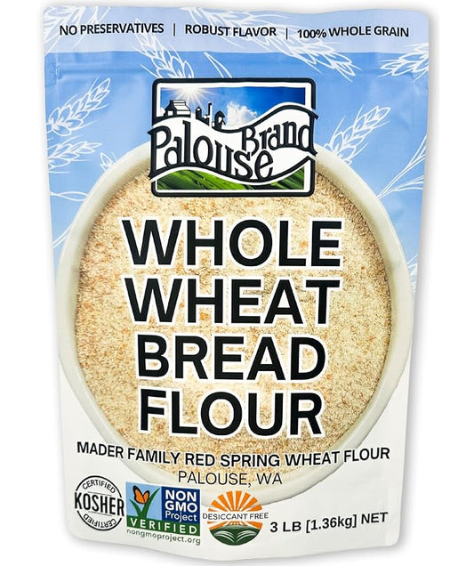 Palouse Brand Certified Glyphosate Residue Free Bread Flour | 3 LBS | Whole Wheat Unbleached | Non-GMO | 100% Non-Irradiated | Kosher | USA Grown | Field Traced | Resealable Bag