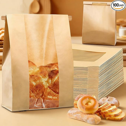 100 Pcs Large Bread Bags with Tin Tie & Clear Window, 14"x8.3"x3.5" Paper Bakery Bags for Homemade Sourdough, Cookies, Pastries | Bakery Packaging with Lock Tab, Food Storage Bags