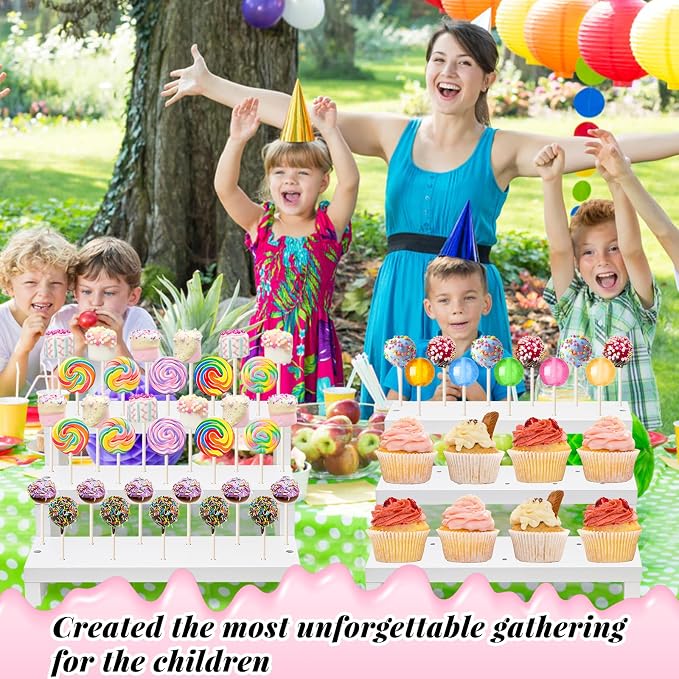 2Pcs Wood Cake Pop Display Stand, White Lollipop Holder 3 Tier with Twist Ties Lollipop Sticks, 33 Holes Sucker Storage Rack for Dessert Table of Wedding Birthday Party Christmas Day (B)
