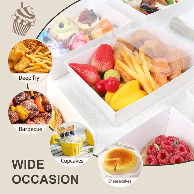 8 x 6 Inch Paper Charcuterie Boxes with Clear Lids, 50 Pack Large Disposable Food Containers, Take Out Bakery Boxes for Cake Slice, Cupcakes, Sandwiches, Cookies, Cocoa Bombs, Salads (White)