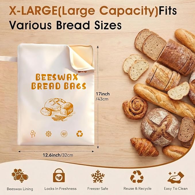2-Pack Extra Large Beeswax Bread Bags with Zipper Seal – Reusable Bread Storage Bags, Eco-Friendly Natural Beeswax Lining, to Keep Homemade Bread Fresh for Sourdough & Artisan Loaves (yellow)