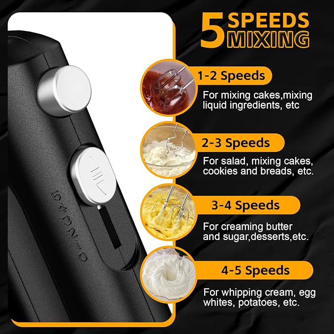 Lord Eagle 5-Speed Hand Mixer Electric With 4 Stainless Steel Mixing Bowls Set, 300W Lightweight Kitchen Handheld Mixer with Measuring Cups & Spoons, Baking Supplies for Cake, Black