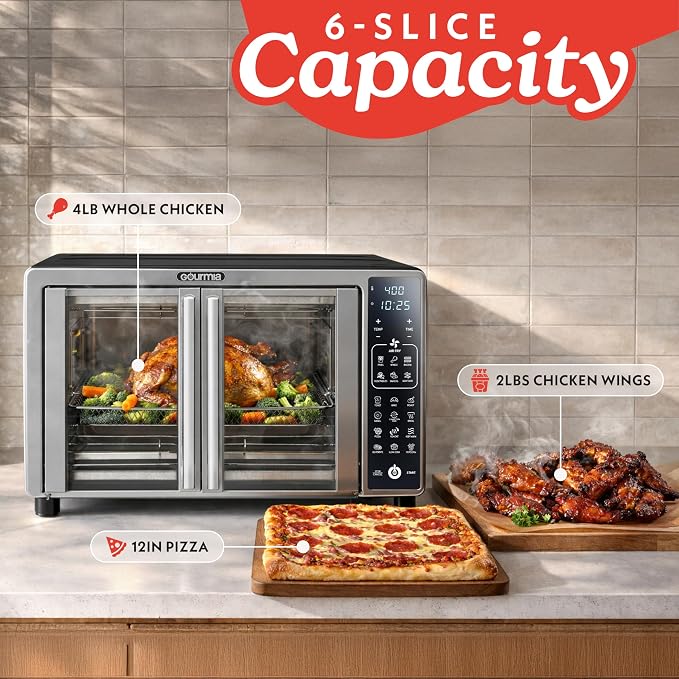 Gourmia Air Fryer French Door Toaster Oven - 6-Slice Capacity, LED Display with 19 Cooking Presets, Stainless Steel