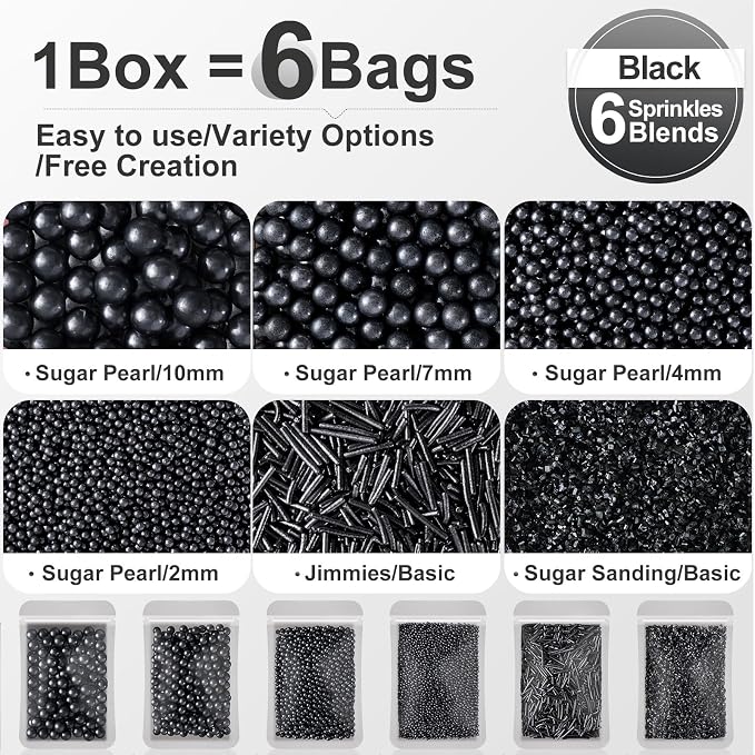 HUEBEATY 6-in-1 Black Edible Cake Pearls Sprinkles for Cake Cookies Decorating and Baking | 180g/6.36oz | Black Sanding Sugar for Cookies | Edible Graduation, Halloween Sprinkles and Decorations