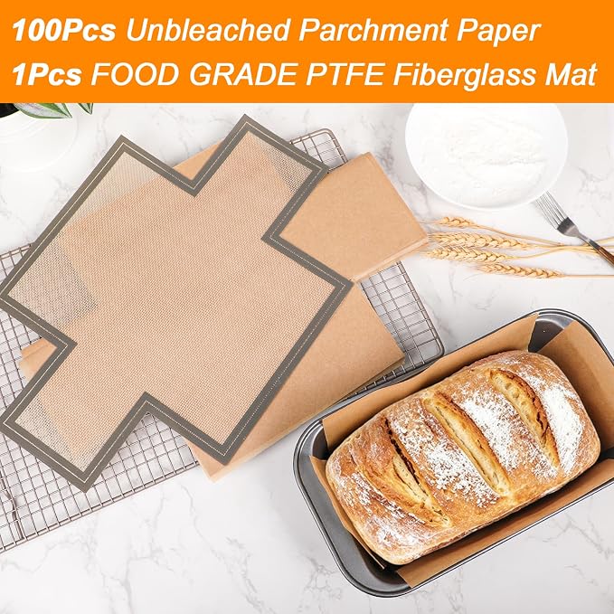 Webake 100PCS Unbleached Parchment Paper Loaf Pan Liners with 1 Reusable Silicone Loaf Liner for 9x5 1lb, 1.5lb & 2lb Loaves, Nonstick, Precut