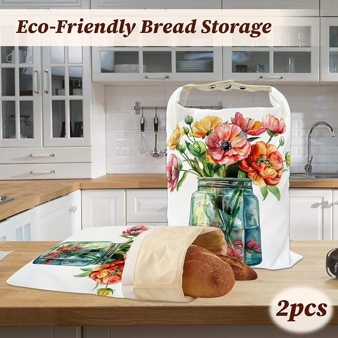 Beeswax Bread Bags, 2 Pack for Homemade Bread and Sourdough Storage | Flowers in Jar, Reusable Polyester Bread Storage With Beeswax Coating And Snap Closures