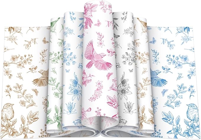 Feifeiya 200 Pcs Floral Wax Paper Sheet for Food Chinoiserie Bird Deli Paper Waterproof Sandwich Wrapping Greaseproof Food Basket Liners for Picnic Party Kitchen Supply, 9.8 x 8.7inch (Floral,Mixing)
