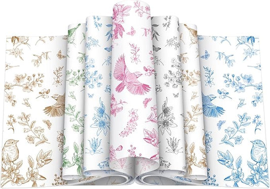 Feifeiya 200 Pcs Floral Wax Paper Sheet for Food Chinoiserie Bird Deli Paper Waterproof Sandwich Wrapping Greaseproof Food Basket Liners for Picnic Party Kitchen Supply, 9.8 x 8.7inch (Floral,Mixing)