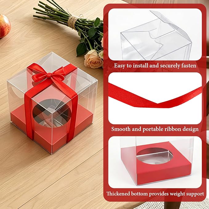 50 Pcs Red Clear Plastic Cupcake Boxes, Individual 3.5 Inch Single Holder Containers with Insert and Ribbon, Paper Base for Wedding, Birthday, Party Favor Gift