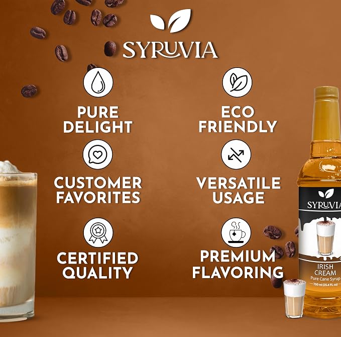 Syruvia Coffee Syrup, Irish Cream Flavored Syrup for Drinks, Lattes, and Desserts – 25.4 fl oz - with Pump
