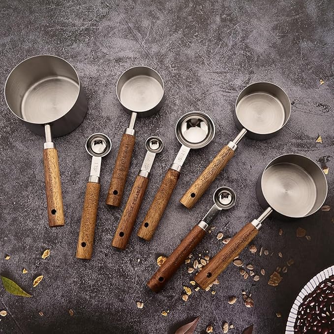 8 pieces Silvery Measuring Cups Set and Measuring Spoons Set with Scale, BRIIEC Wooden Handle Stainless Steel Dry & Liquid Measuring Cup for Cooking Baking