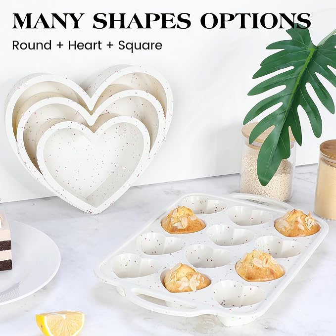 1 Pc Heart Shaped Muffin Pan with Metal Reinforced Frame 12 Cup Nonstick Silicone Heart Cake Mold for Baking 2.5 Inch Cupcake Tray (Cream)